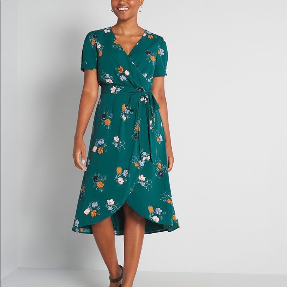 Modcloth Teal Floral Wrap Midi Dress